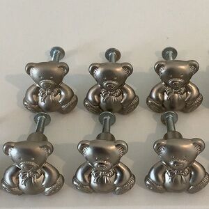 Set of SIX Silver toned metal Teddy Bear Drawer Knobs dresser handles nursery